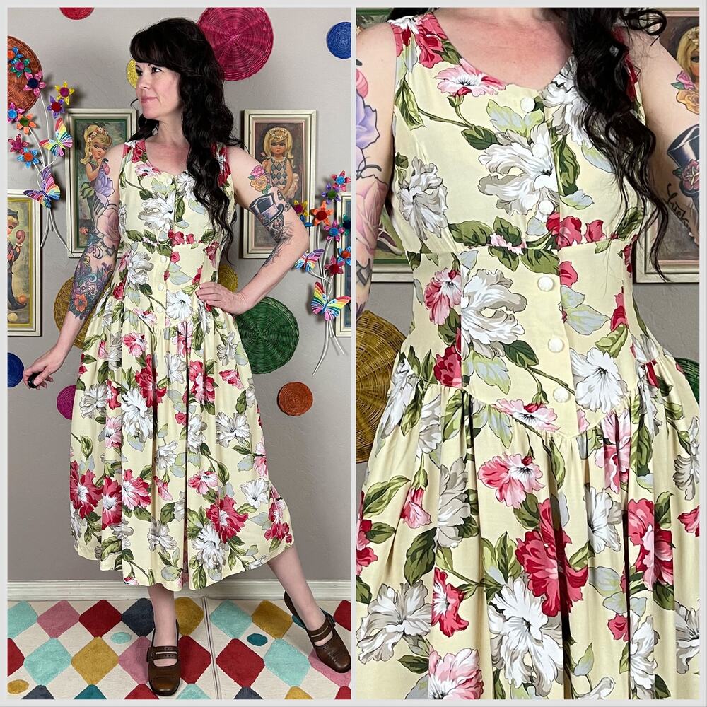 Vintage 1990s Yellow Floral Sleeveless Midi Sundress